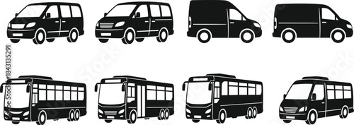 Black and white vector icons of vans and buses for public transport, fleet planning, urban mobility, and vehicle design projects.
