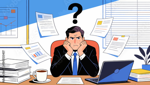 This illustration depicts a stressed business professional at an office desk, with a glowing question mark above, symbolizing workplace confusion, workload pressure, and anxiety.