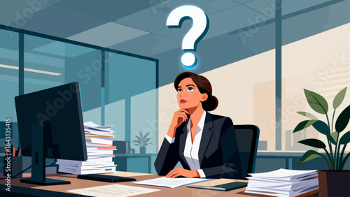 This illustration depicts a stressed business professional at an office desk, with a glowing question mark above, symbolizing workplace confusion, workload pressure, and anxiety.