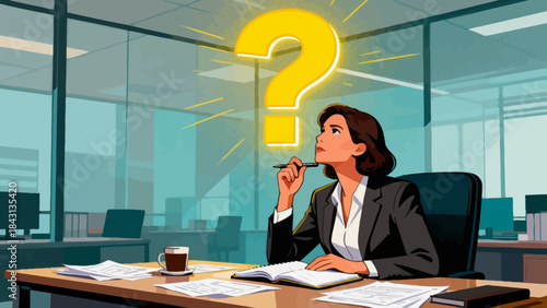 This illustration depicts a stressed business professional at an office desk, with a glowing question mark above, symbolizing workplace confusion, workload pressure, and anxiety.