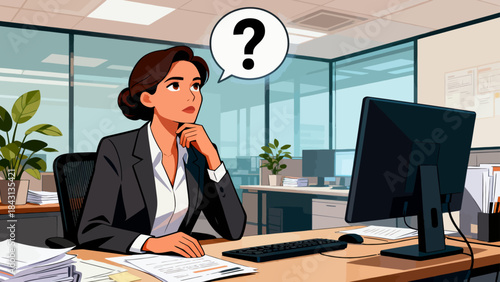 This illustration depicts a stressed business professional at an office desk, with a glowing question mark above, symbolizing workplace confusion, workload pressure, and anxiety.