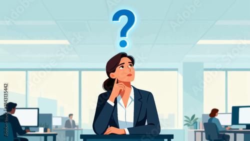 This illustration depicts a stressed business professional at an office desk, with a glowing question mark above, symbolizing workplace confusion, workload pressure, and anxiety.