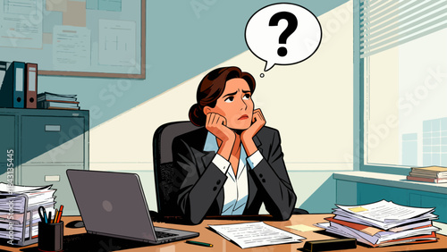 This illustration depicts a stressed business professional at an office desk, with a glowing question mark above, symbolizing workplace confusion, workload pressure, and anxiety.