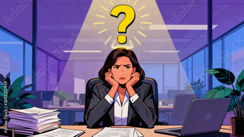This illustration depicts a stressed business professional at an office desk, with a glowing question mark above, symbolizing workplace confusion, workload pressure, and anxiety.