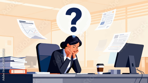 This illustration depicts a stressed business professional at an office desk, with a glowing question mark above, symbolizing workplace confusion, workload pressure, and anxiety.