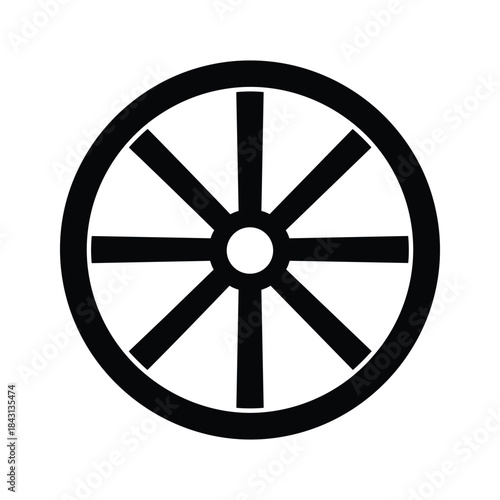Black and white symbol of a wheel with eight spokes isolated on