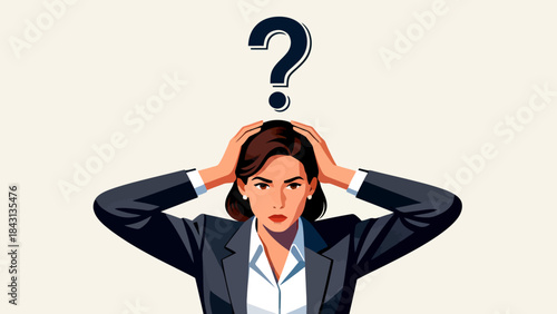 This illustration depicts a stressed business professional at an office desk, with a glowing question mark above, symbolizing workplace confusion, workload pressure, and anxiety.