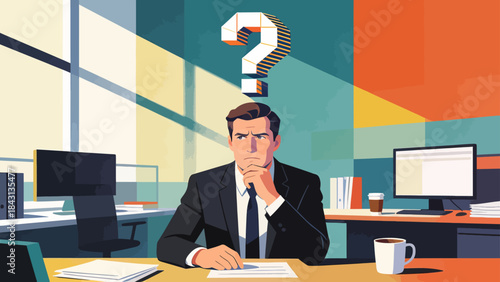 This illustration depicts a stressed business professional at an office desk, with a glowing question mark above, symbolizing workplace confusion, workload pressure, and anxiety.