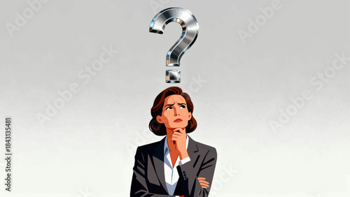 This illustration depicts a stressed business professional at an office desk, with a glowing question mark above, symbolizing workplace confusion, workload pressure, and anxiety.
