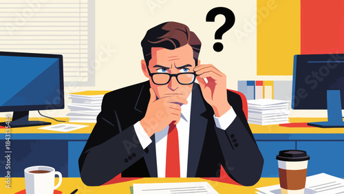 This illustration depicts a stressed business professional at an office desk, with a glowing question mark above, symbolizing workplace confusion, workload pressure, and anxiety.