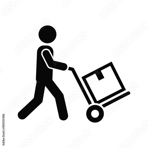 Stick figure pushing a box on a dolly, isolated on