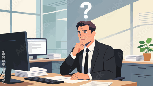 This illustration depicts a stressed business professional at an office desk, with a glowing question mark above, symbolizing workplace confusion, workload pressure, and anxiety.