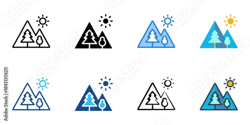 Mountains icon set multiple style vector collection. Editable Stroke 

