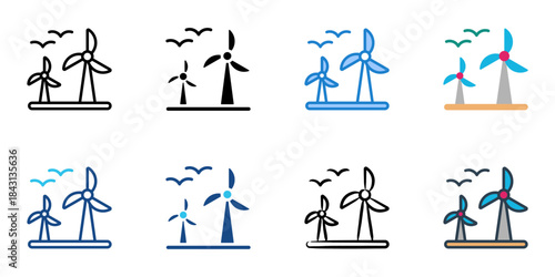 Windmill icon set multiple style vector collection. Editable Stroke 
