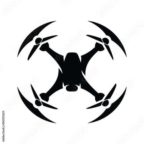 Black silhouette of a drone with four propellers isolated on