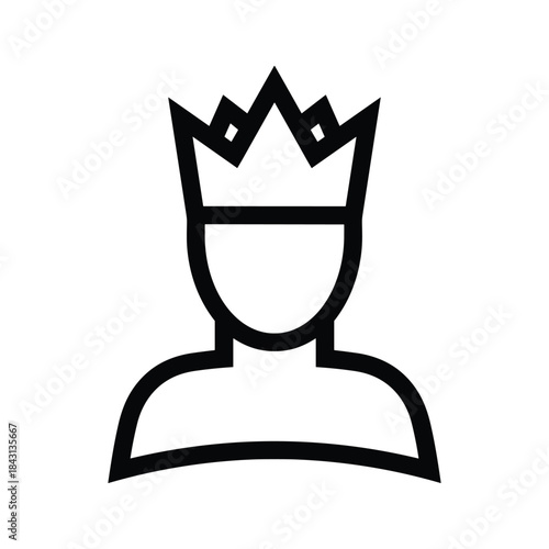 Simple line art icon of a person wearing a crown, isolated on
