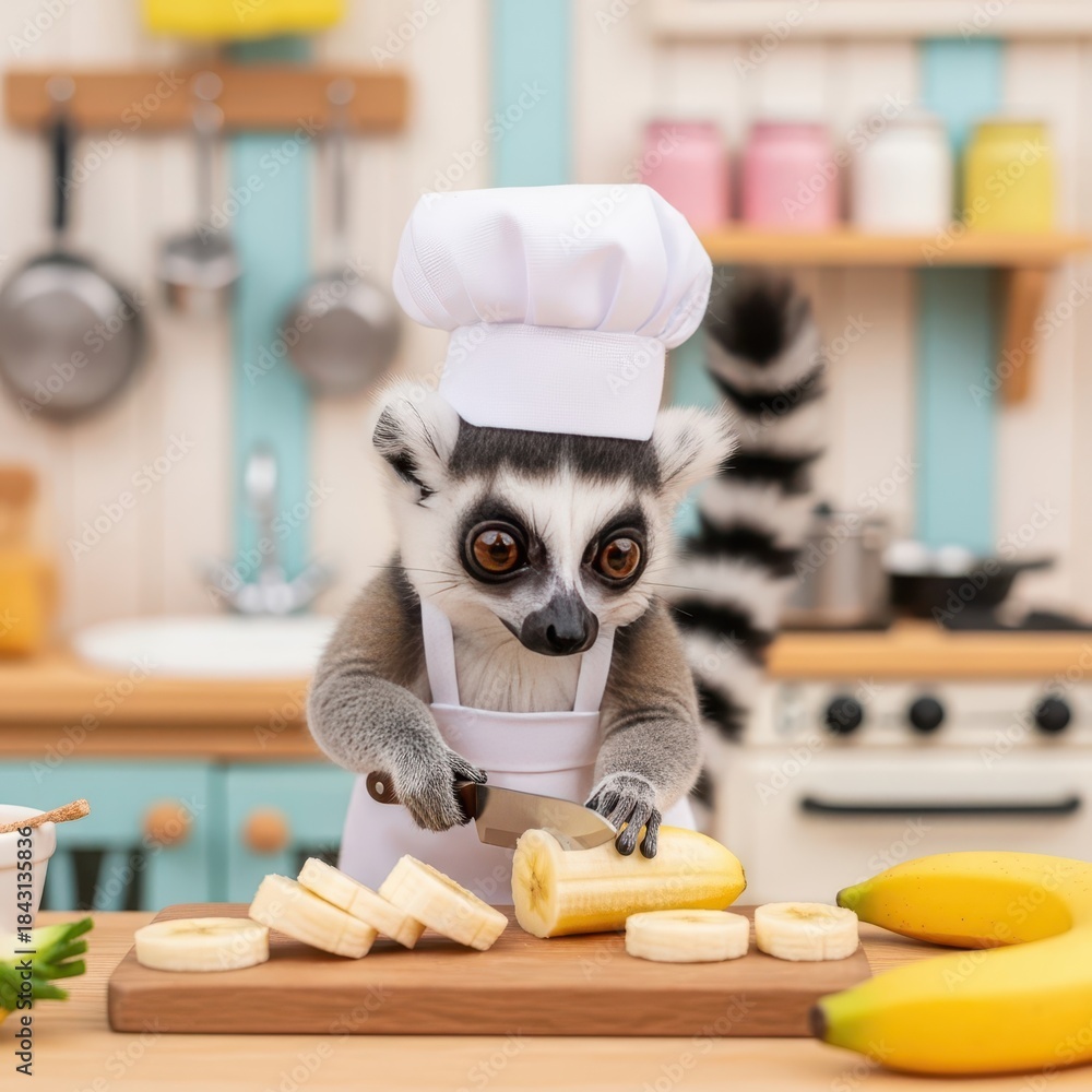 Obraz premium Ringtailed lemur dressed as a chef meticulously slices a banana in a brightly lit kitchen setting