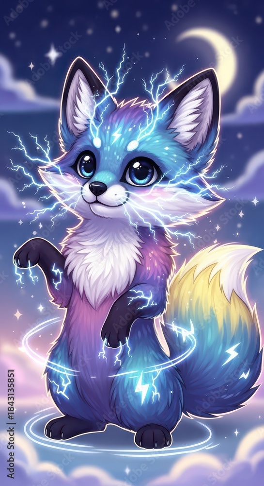 Naklejka premium Adorable stylized canid creature glows with bright blue electrical energy under a starry night sky
