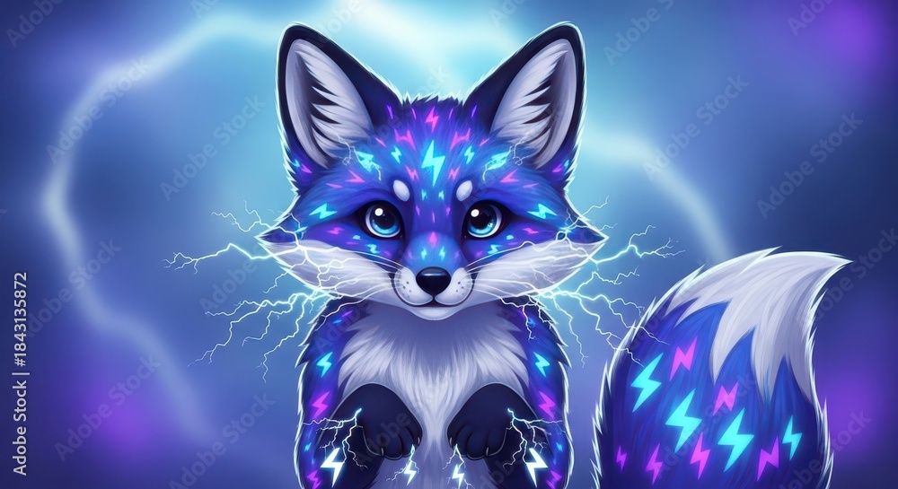 Obraz premium Adorable young canid displays glowing electrical energy patterns against a stormy blue backdrop