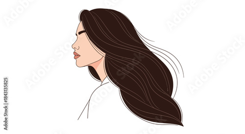 Ethereal illustration of a serene woman with flowing brunette hair against a crisp white backdrop