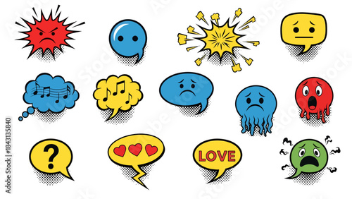 Dynamic collection of colorful pop art comic speech and thought bubbles, expressing a wide range of emotions like anger, sadness, love, and confusion, perfect for creative graphic design projects