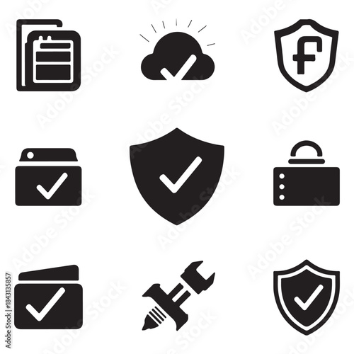  Collection of nine black security and technology icons in silhouette style