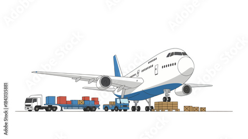 Illustration of a large airplane with cargo being transported on trucks and carts on the tarmac.