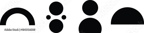 Minimalist monochrome vector icon set featuring abstract semi-circle and circle shapes, along with a solid black user or profile icon for interface and abstract concepts.Minimalist monochrome vector i