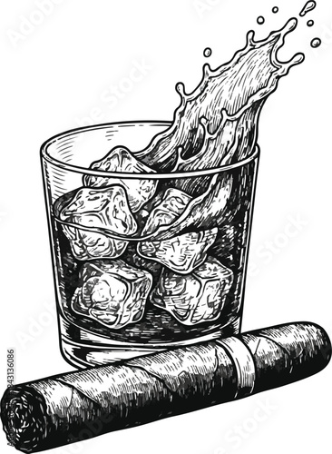 Hand-drawn vector illustration of a clear glass of splashing cold water with ice cubes, isolated on white