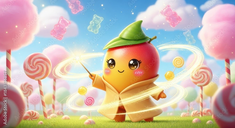 Fototapeta premium Cute fruit character performs magic in a bright candy landscape