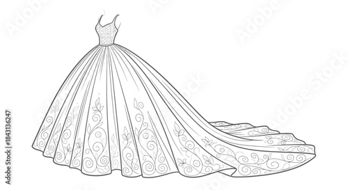 Ornate floral design adorns the sketch of a voluminous gown with a flowing train