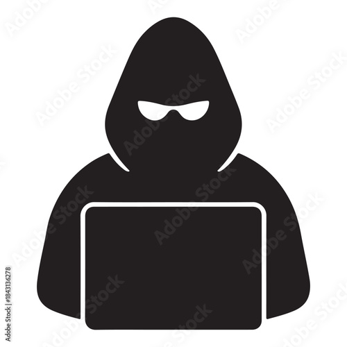  Anonymous hacker in a hood with a laptop in a stark black and white silhouette