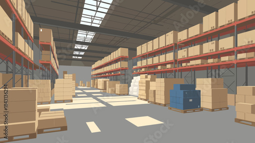 Interior view of a warehouse with stacked shelves and boxes on pallets