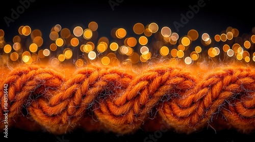 Macro view of a cozy wool blanket with soft pine needles surrounded by golden bokeh from fairy lights and candlelight, evoking warmth and hygge.