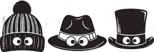 Three Funny Cartoon Hats with Eyes Isolated on White Background