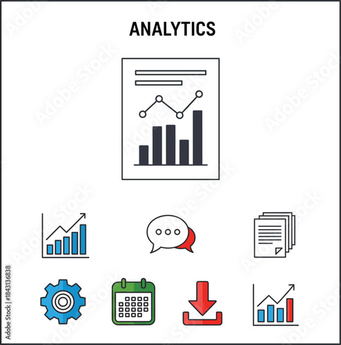 Professional business and data analytics vector icon set featuring reports, charts, calendar, download, and settings for finance, marketing, and statistical concepts.Professional business and data ana