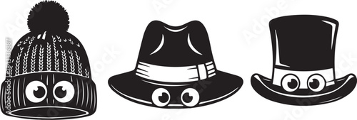 Three Funny Hats with Faces Isolated on Transparent Background