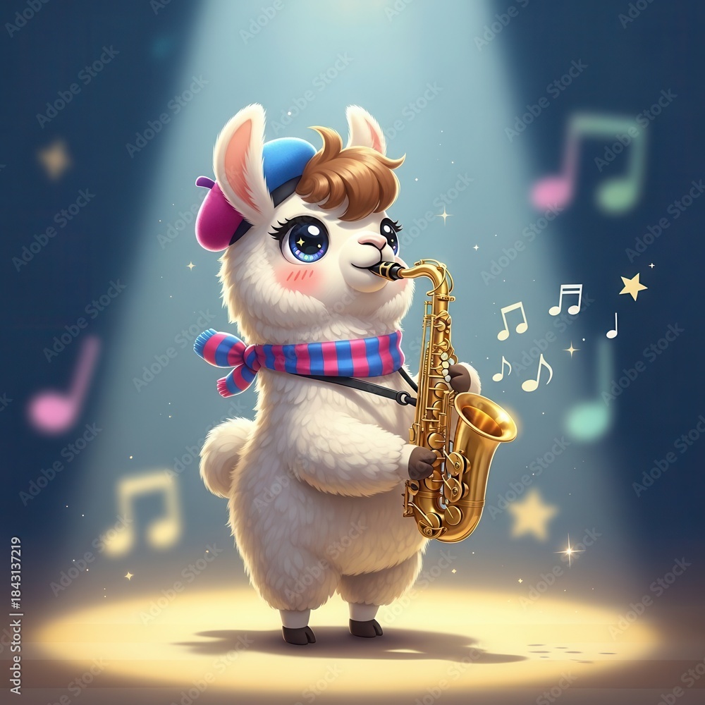 Fototapeta premium Adorable, fluffy animal character performs on a golden brass wind instrument under stage lights