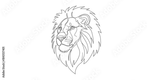 Elegant minimalist line art depiction of a majestic lion head on white background