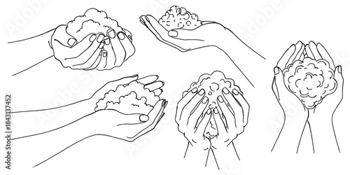 泡をすくう手のイラストセット（手洗い・清潔）,石鹸,洗剤,ふわふわ,シンプル,ベクター