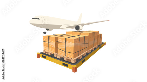 An airplane taking off over a cargo pallet loaded with boxes on a white background.