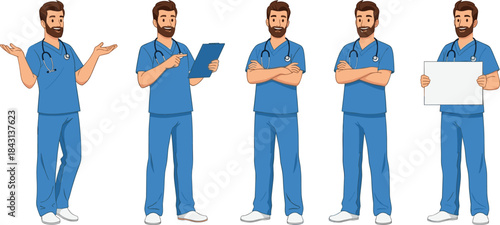 Male doctor character set in medical uniform, various poses with stethoscope, healthcare illustration for clinics, hospitals, professional medical services