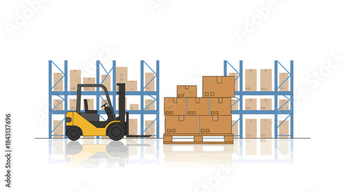 Illustration of a forklift loading boxes onto a pallet in a warehouse with blue shelving and a white background.
