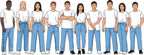 Diverse group of young people wearing casual white shirts and jeans, standing together for community, teamwork, unity, lifestyle, fashion, modern illustration