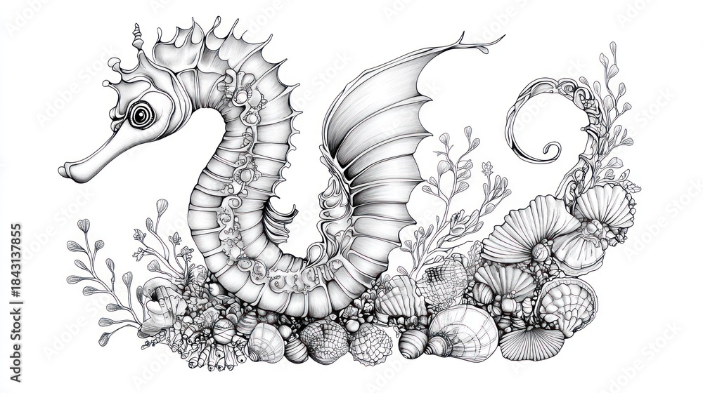 Fototapeta premium Ornate seahorse in marine environment graphic illustration