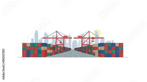 Illustration of a cargo port with colorful shipping containers and cranes against a city skyline at sunset.