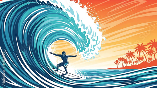Surfer Riding Big Wave Illustration – Tropical Ocean Surfing Sports Vector Art, Dynamic Beach Adventure Scene