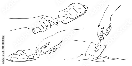 シャベル（スコップ）で土を扱う手のイラストセット（ガーデニング・園芸）,植え替え,土いじり,農作業,シンプル,ベクター