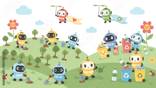 Eco-Robots' Green Initiative: Animated robots diligently tend to a vibrant garden, symbolizing a dedication to environmental care and the promise of a sustainable tomorrow.