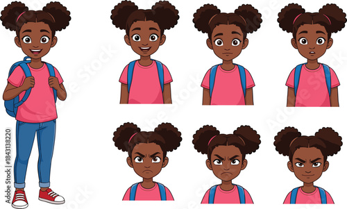 Cute schoolgirl cartoon character with backpack, various facial expressions, emotional kid avatar set, vector illustration for education, animation, learning projects
